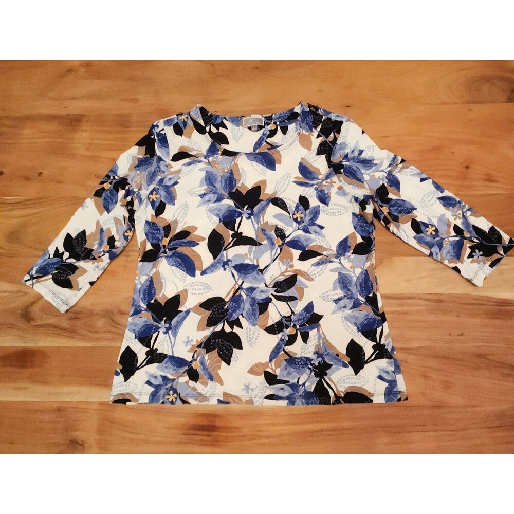 JM Collection Blue White Floral 3/4 Sleeve Top Women's Size Large EUC